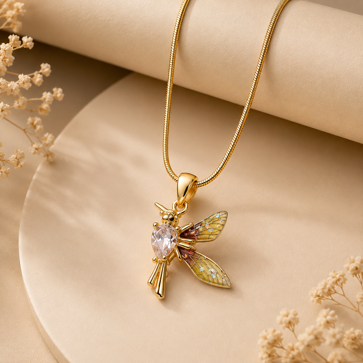 Golden Dragonfly Crystal Pendant Necklace